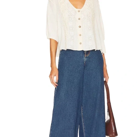Free People Mae Top- with Ivory Lace and Button Detail - Picture 2 of 4